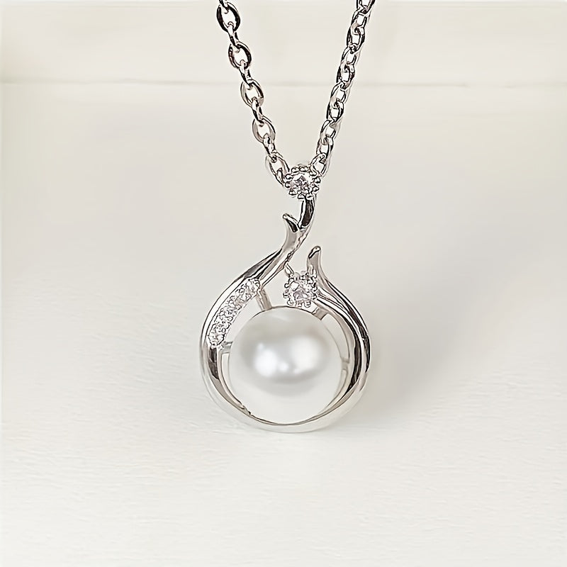 925 Sterling Silver Platinum Faux Pearl Pendant Necklace