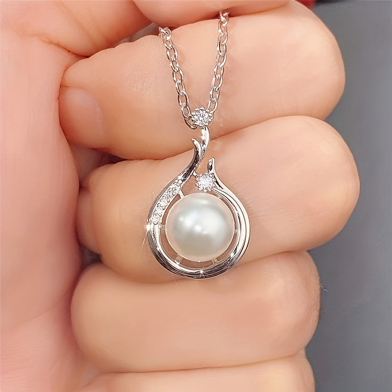 925 Sterling Silver Platinum Faux Pearl Pendant Necklace